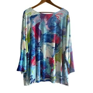 Ali Miles Knit Tunic Top Blouse Shirt 3X Stretch Rainbow Abstract Art Embellish